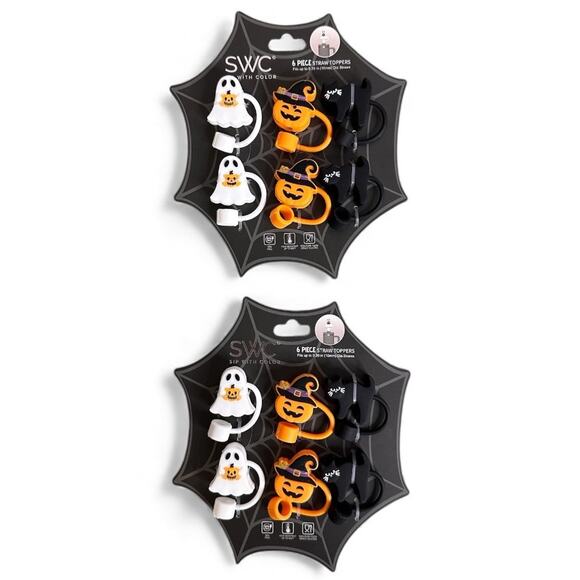 SWC 6 Piece Straw Toppers Ghosts Pumpkins Black Cat Halloween New Lot of 2 - Picture 1 of 5